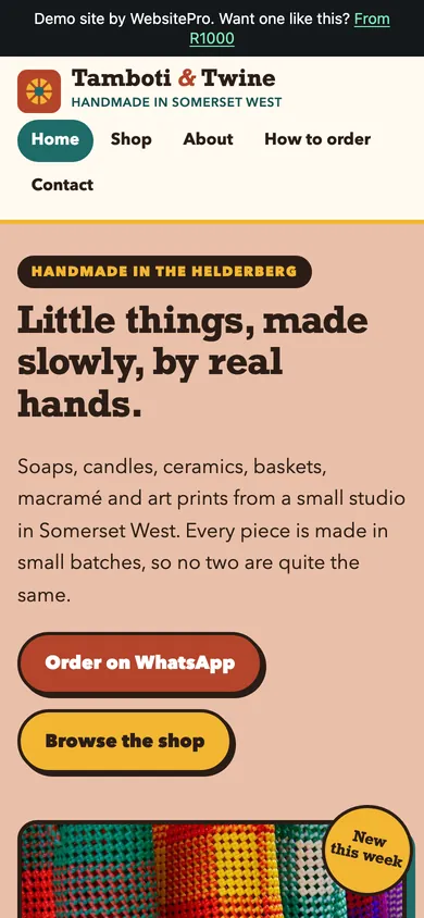 Phone screenshot of the Tamboti and Twine example website, a handmade crafts catalogue with soap, candles and ceramics