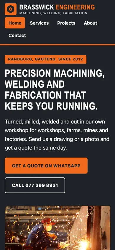 Phone screenshot of the Brasswick Engineering example website, with an orange Get a quote on WhatsApp button under a headline about precision machining, welding and fabrication