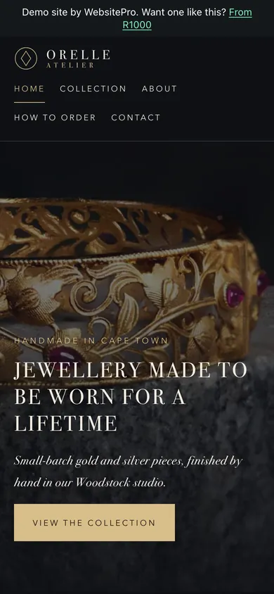 Phone screenshot of the Orelle Atelier example website, an elegant handmade jewellery catalogue